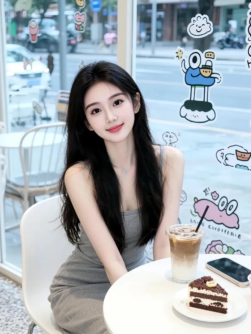 灰色吊带裙美女手机壁纸｜咖啡馆背景 - 休闲时光「哲风壁纸」