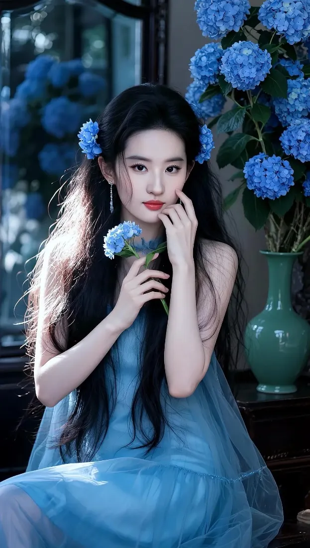 刘亦菲手机壁纸｜蓝色绣球花背景图片 - 蓝色纱裙「哲风壁纸」