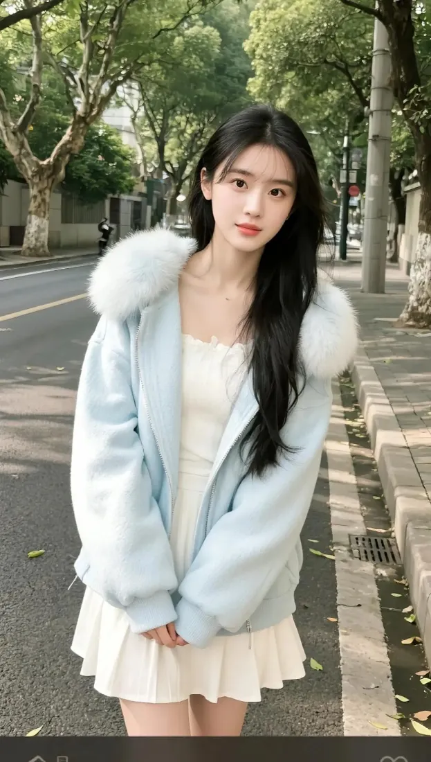 美女手机壁纸｜街道背景图片 - 浅蓝外套白裙街拍「哲风壁纸」