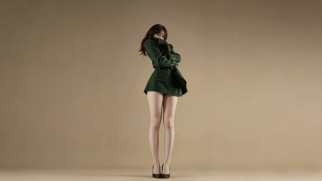 3k绿色风衣美女壁纸｜简约背景 - 长腿高跟鞋「哲风壁纸」