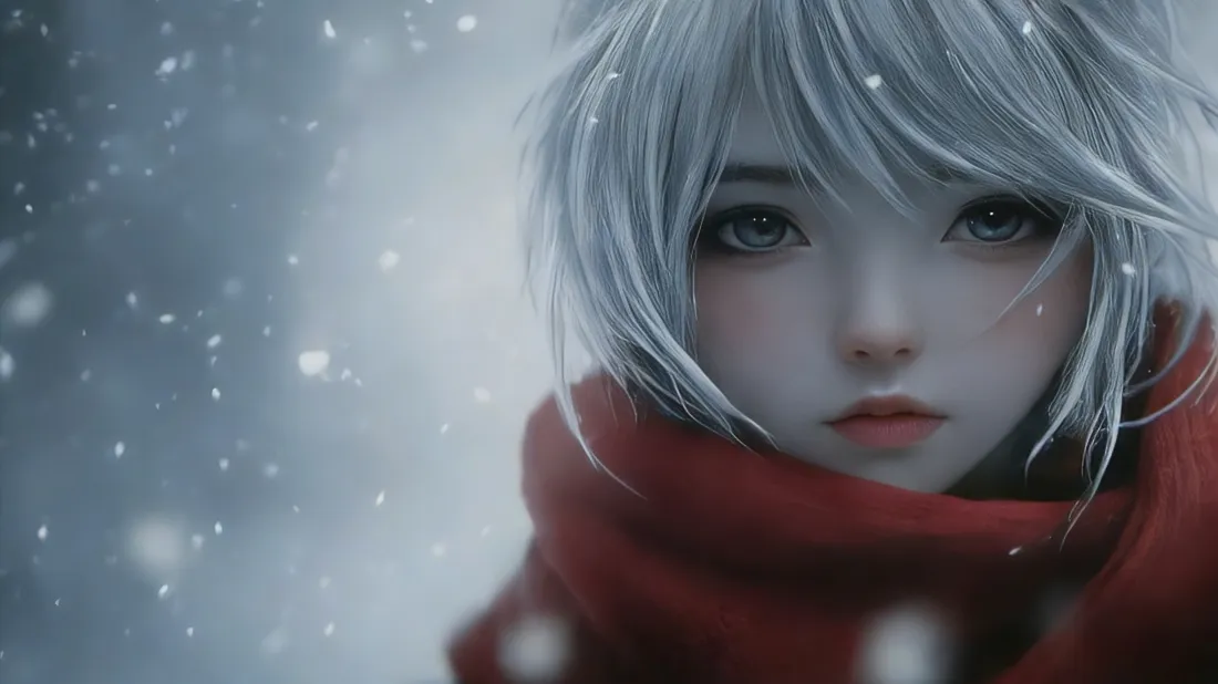 3k银发女孩壁纸｜雪景背景 - 红围巾短发「哲风壁纸」