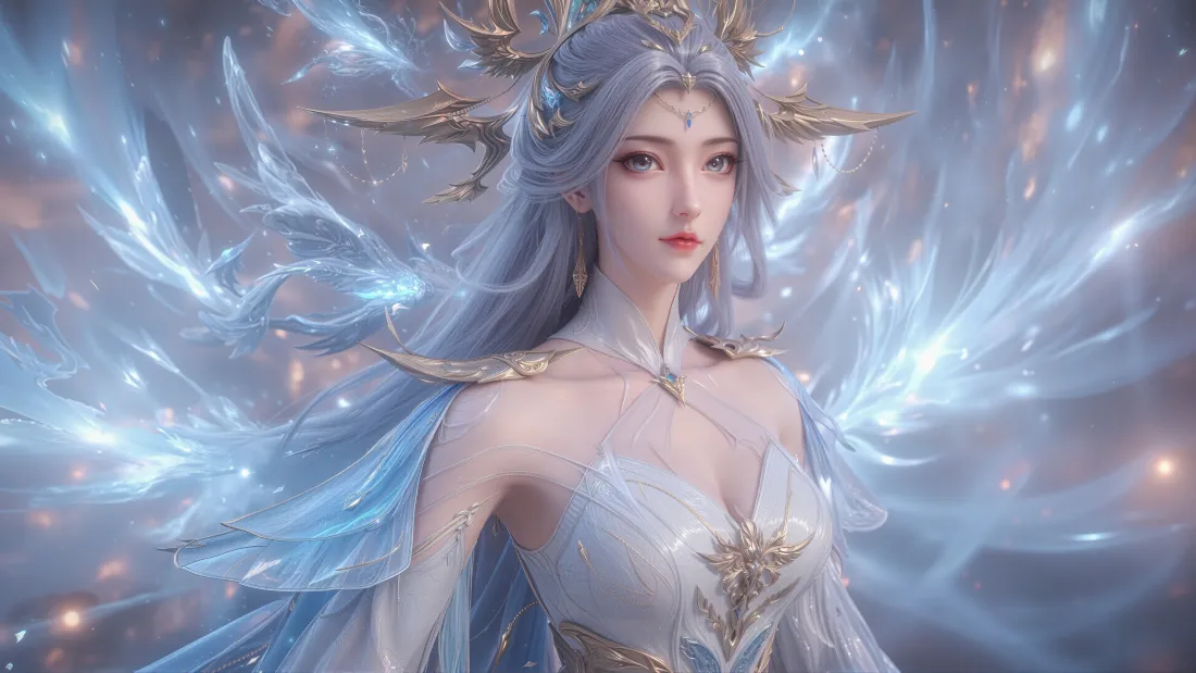 3k宁雨蝶壁纸｜百炼成神背景图片 - 蓝色光效女神「哲风壁纸」