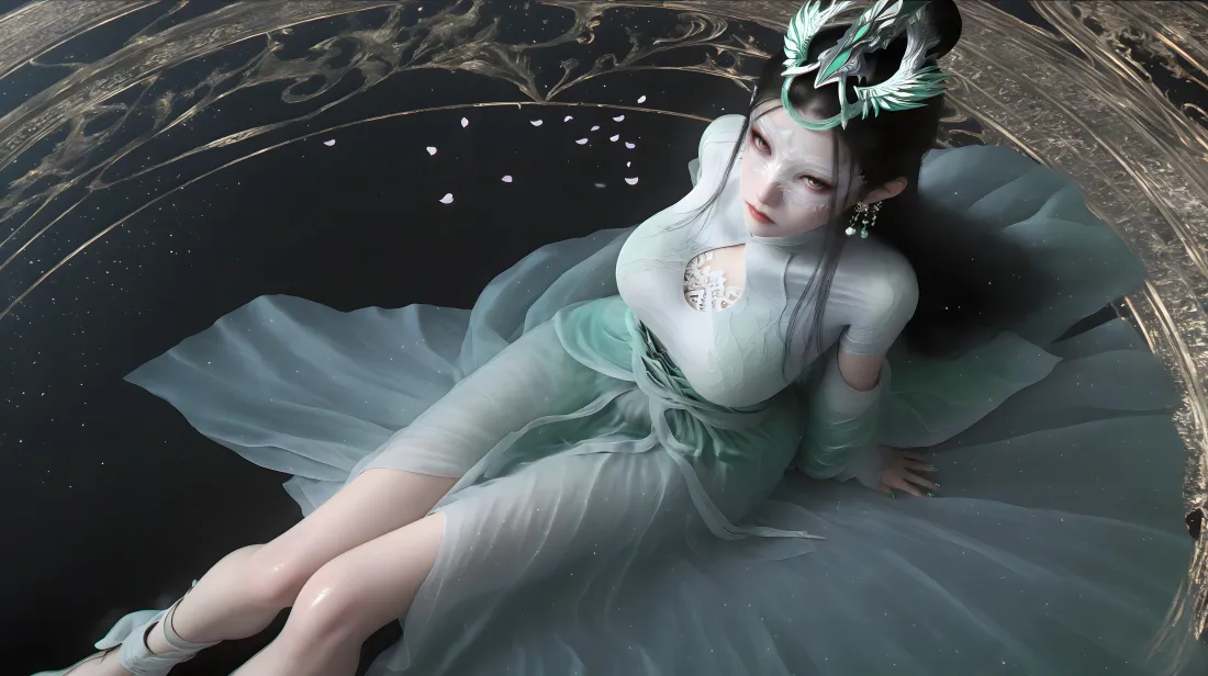 5k陆嫁嫁壁纸｜神国之上背景图片 - 古风绿裙美女「哲风壁纸」