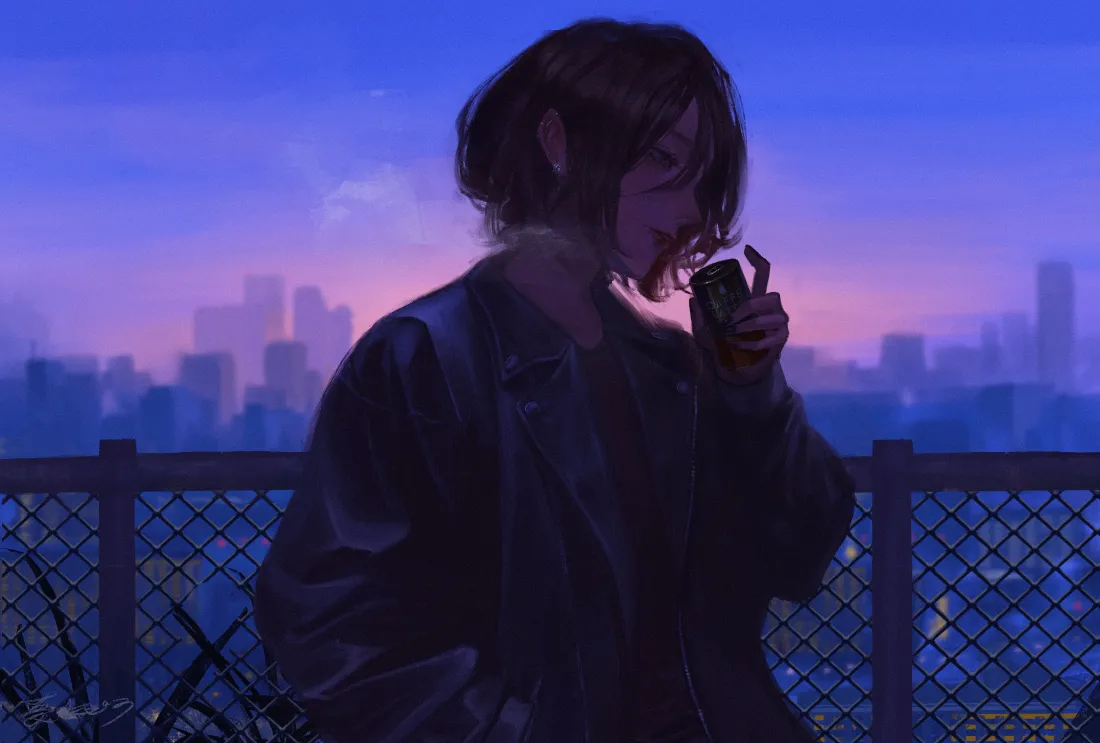 4k吸烟女孩壁纸｜天台背景图片 - 城市夜景「哲风壁纸」