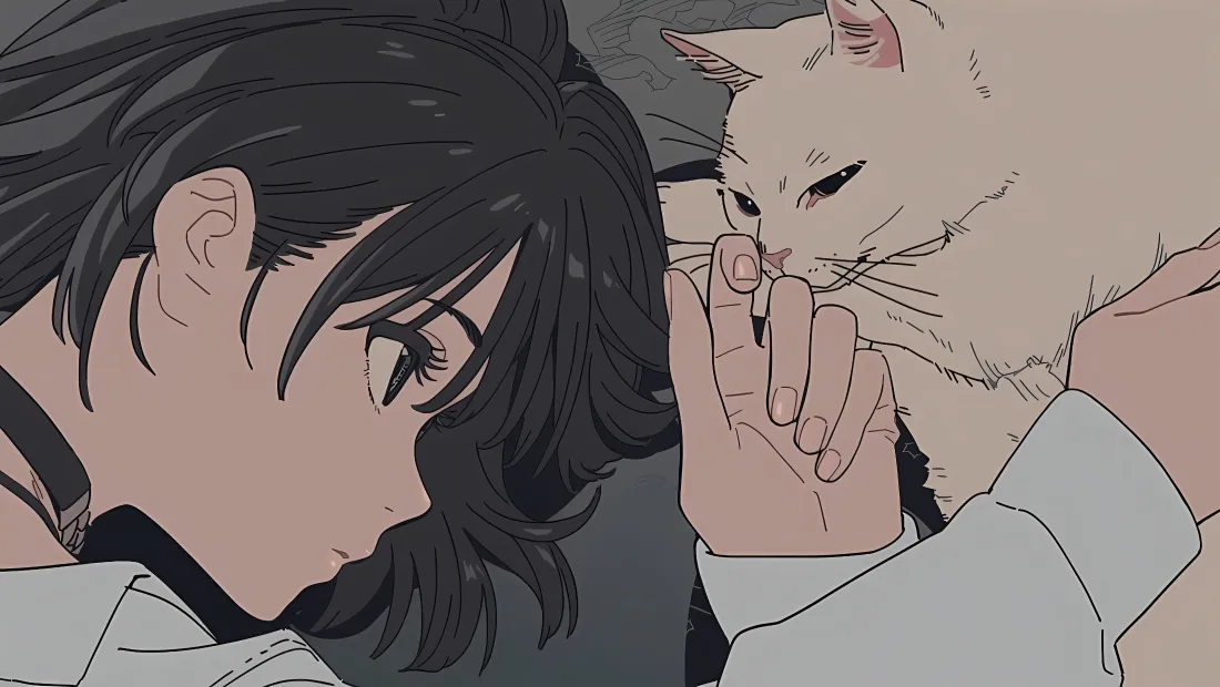 4k二次元女孩与小猫壁纸｜灰色背景 - 治愈互动「哲风壁纸」