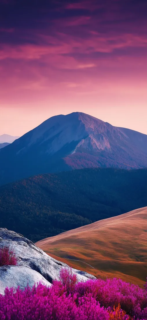 山峰花海手机壁纸｜粉紫天空背景图片 - 自然风景「哲风壁纸」