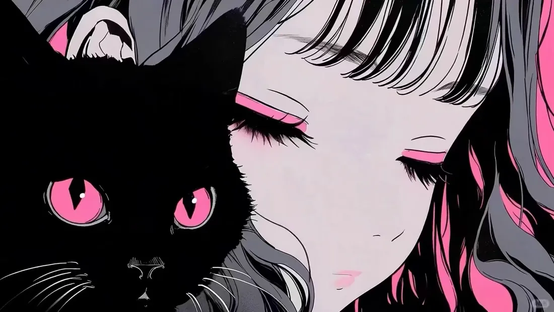 2k动漫女孩黑猫壁纸｜粉色眼睛背景 - 二次元插画「哲风壁纸」