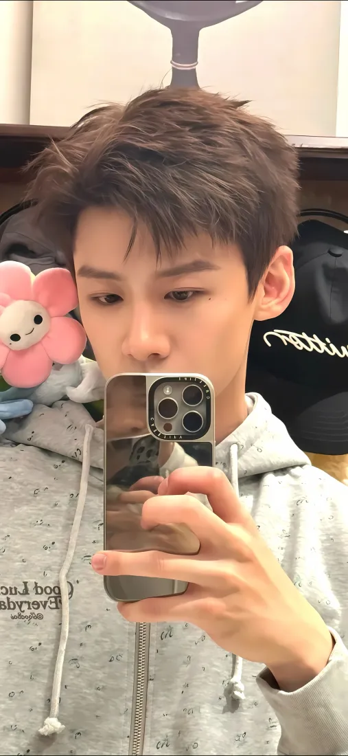 白敬亭手机壁纸｜对镜自拍背景图片 - 灰色连帽衫「哲风壁纸」