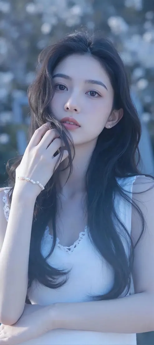 白衣美女手机壁纸｜花背景图片 - 清冷好美「哲风壁纸」