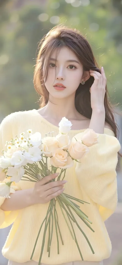 黄衣少女花束手机壁纸｜清新绿植背景 - 初恋好美「哲风壁纸」