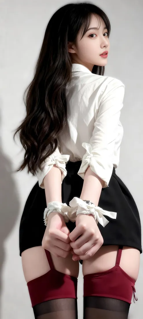 美女白衬衫｜灰背景图 - 红黑丝袜绑手「哲风壁纸」