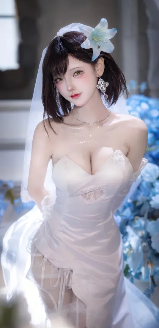 婚纱美女手机壁纸｜蓝色花朵背景图 - Ios「哲风壁纸」
