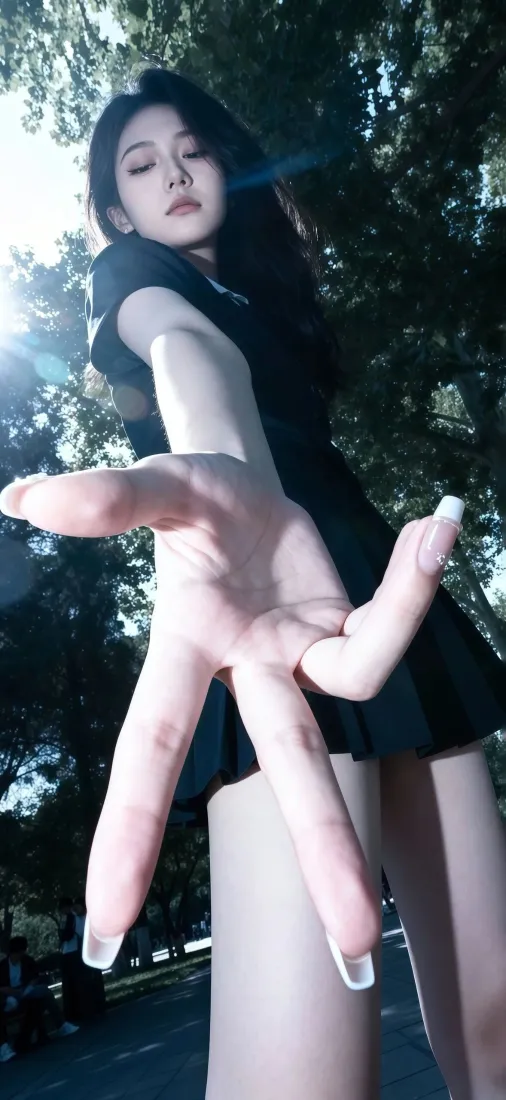 黑衣美女手机壁纸｜户外背景图 - 阳光树木美甲「哲风壁纸」