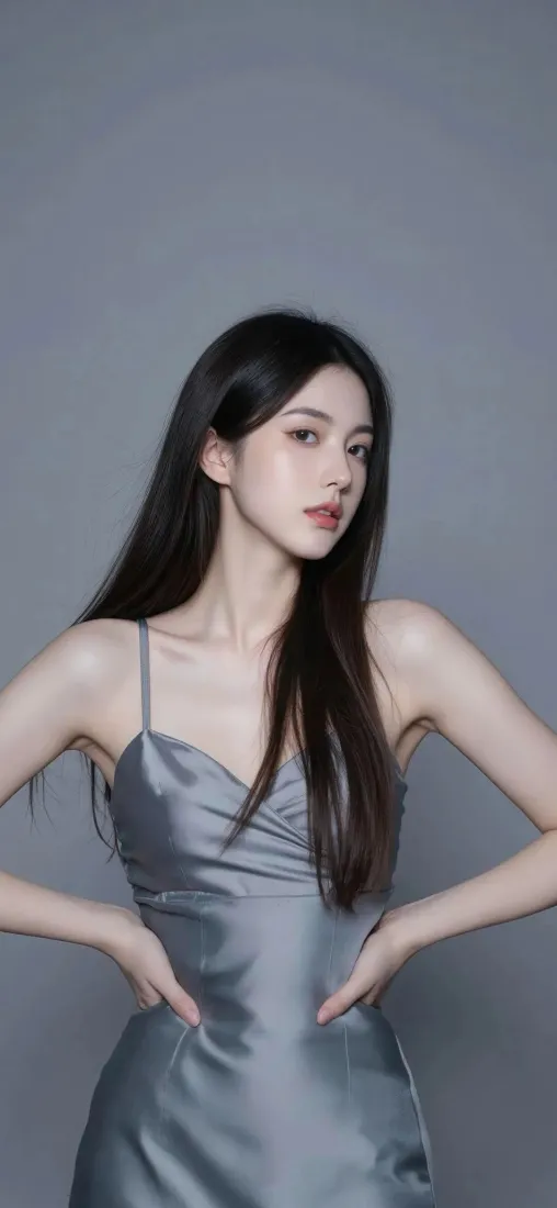 长发美女灰色礼服手机壁纸｜灰色背景 - 气质穿搭「哲风壁纸」