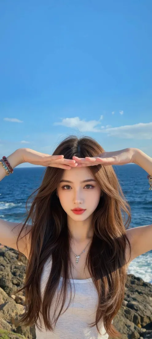 海边美女手机壁纸｜蓝天海景背景图片 - 白衣长发「哲风壁纸」