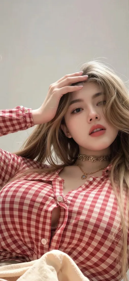 红衣美女手机壁纸｜格纹上衣背景图 - 时尚「哲风壁纸」