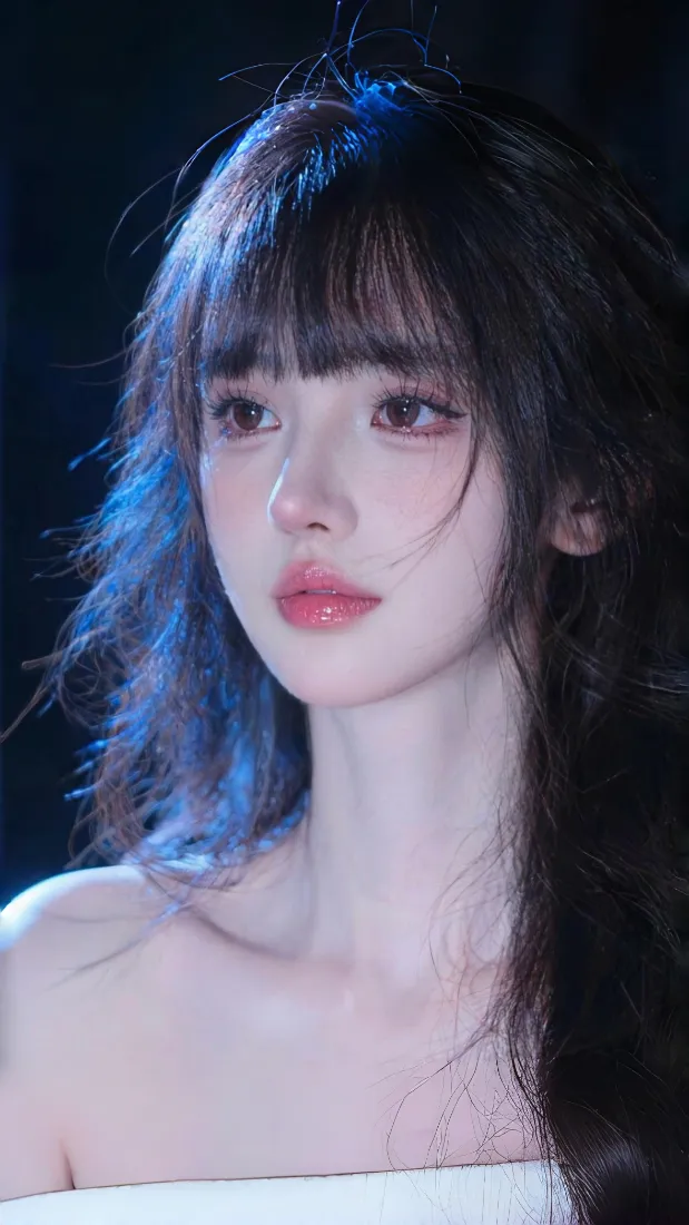 美女手机壁纸｜暗背景图片 - Ios蓝发白肩「哲风壁纸」