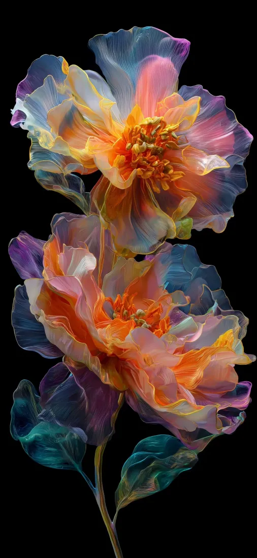 艺术花朵手机壁纸｜黑色背景图片 - 彩色透明花卉「哲风壁纸」