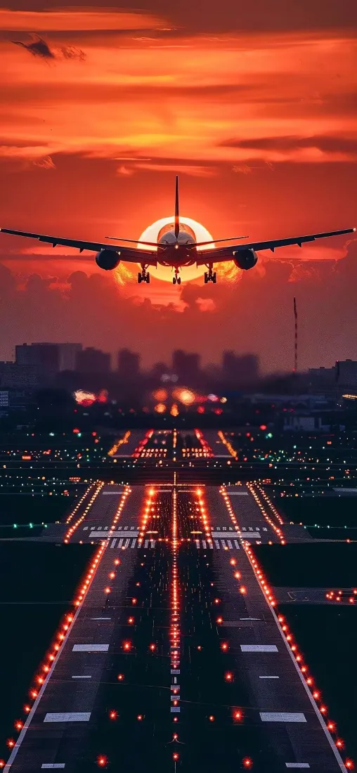 飞机手机壁纸｜机场跑道背景图片 - 日落晚霞起飞「哲风壁纸」