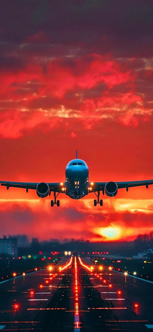 飞机手机壁纸｜跑道背景图 - 日落红色天空起飞「哲风壁纸」