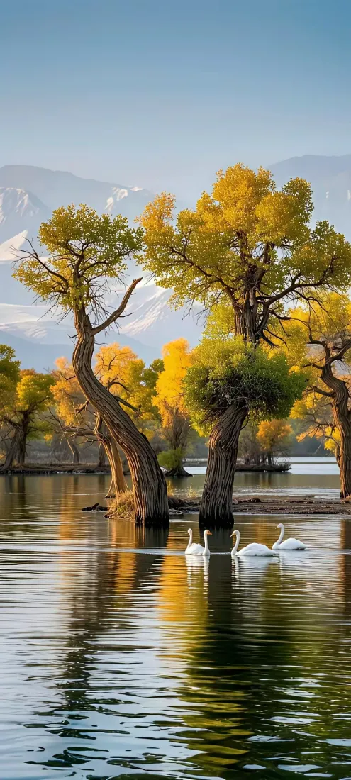 自然风景手机壁纸｜湖泊天鹅背景图片 - 金秋树木「哲风壁纸」