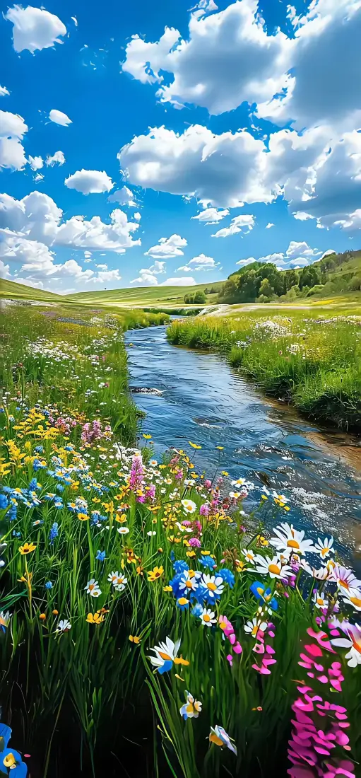 自然风景手机壁纸｜田园溪流背景图片 - 蓝天白云花草「哲风壁纸」