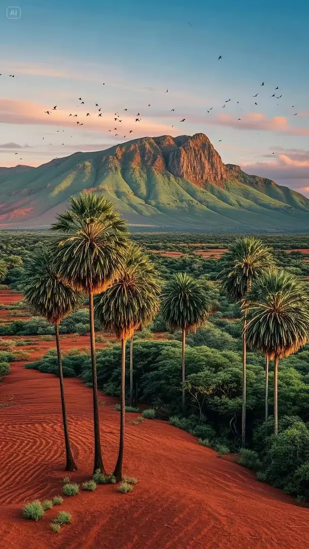 红土地棕榈树手机壁纸｜沙漠背景 - 山脉自然风光「哲风壁纸」