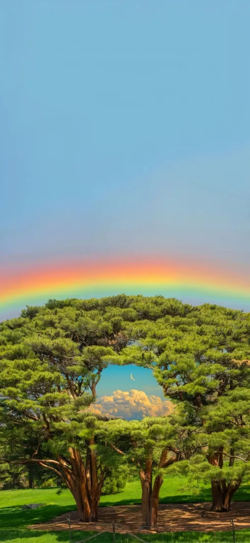 自然风景手机壁纸｜彩虹背景图片 - 树丛蓝天草地「哲风壁纸」