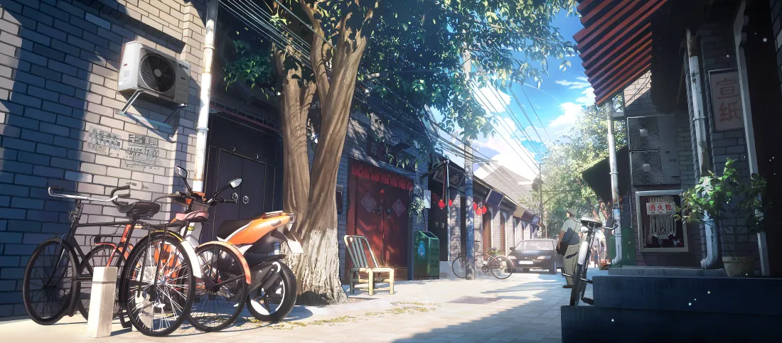 9k老街道壁纸｜胡同背景图片 - 自行车 晴朗天空「哲风壁纸」