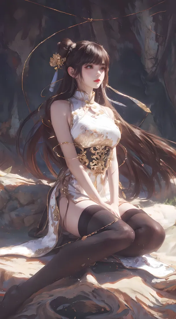 DNF花花手机壁纸｜岩石背景图片 - 古风旗袍黑丝「哲风壁纸」