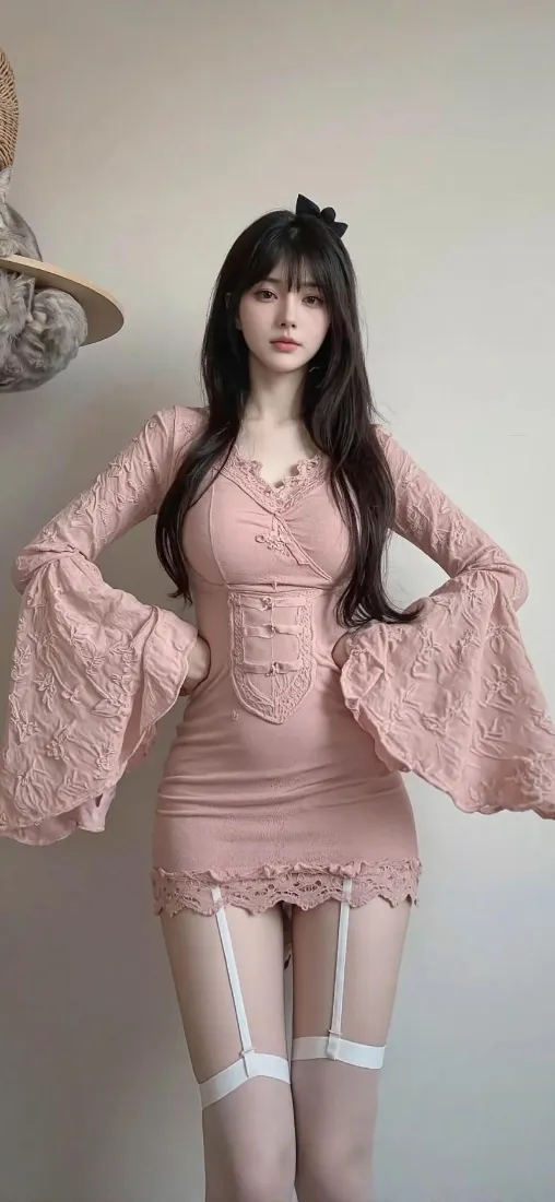 （粉色蕾丝裙美女手机壁纸｜浅粉背景图片 - 性感迷人）「哲风壁纸」