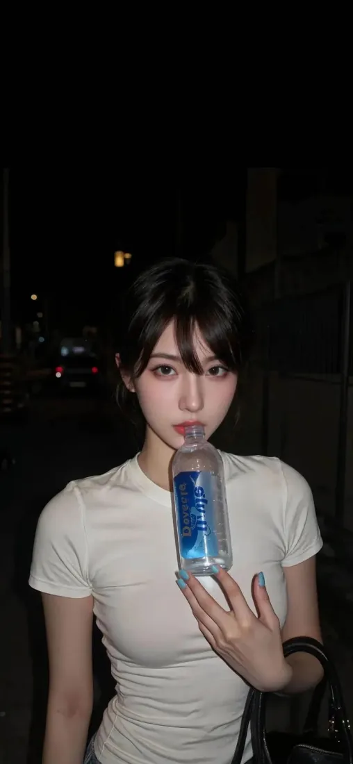 白衣美女手机壁纸｜夜晚街道背景图片 - 蓝色饮料「哲风壁纸」