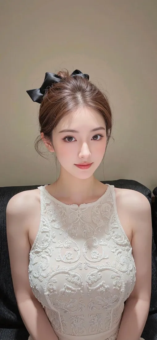 白衣美女手机壁纸｜室内背景图片 - 黑色蝴蝶结蕾丝上衣「哲风壁纸」