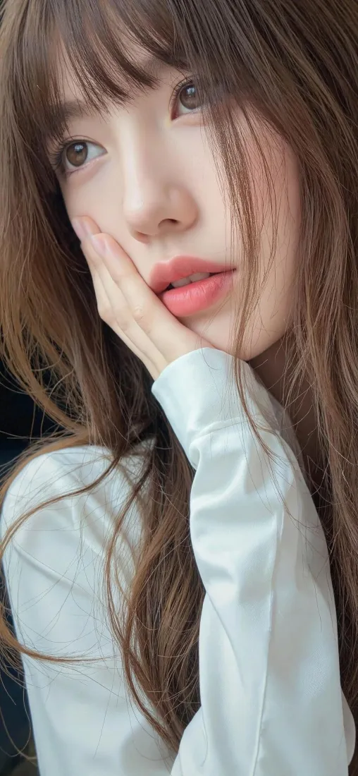 白衣美女手机壁纸｜清新背景 - 托腮甜美「哲风壁纸」