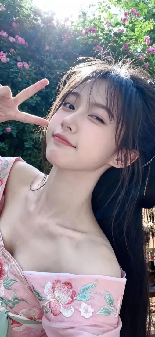 粉衣美女手机壁纸｜花朵背景 - 甜美清新「哲风壁纸」