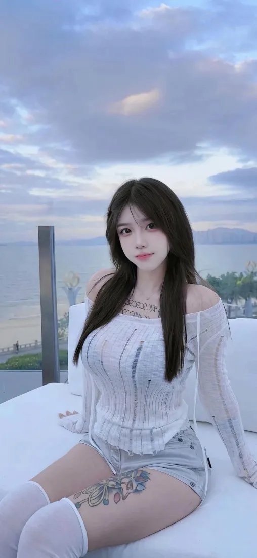 白衣美女手机壁纸｜海景阳台背景 - 白袜短裤纹身「哲风壁纸」