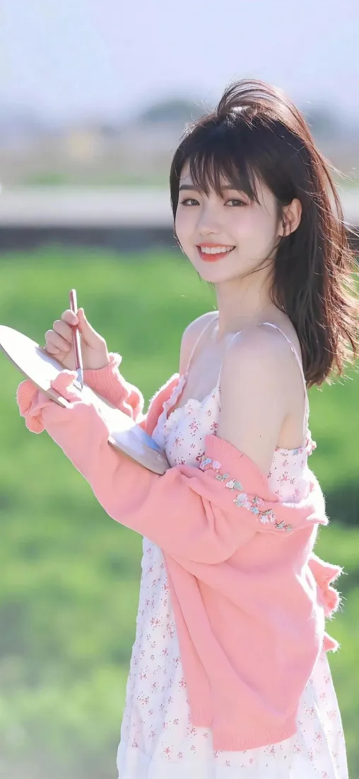 （日系美女户外写生手机壁纸｜草地背景 - 粉色开衫碎花裙）「哲风壁纸」