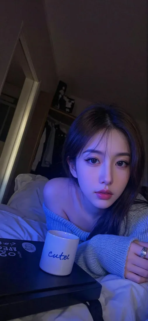 美女手机壁纸｜夜晚卧室床上背景图片 - 居家慵懒Cute杯「哲风壁纸」