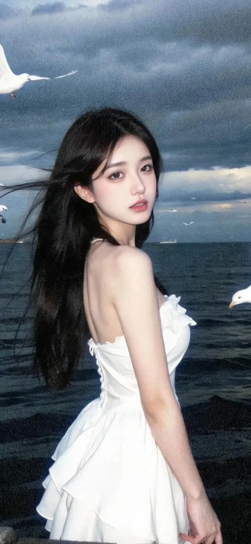 白衣美女手机壁纸｜海边背景图片 - 海鸥阴天风景「哲风壁纸」