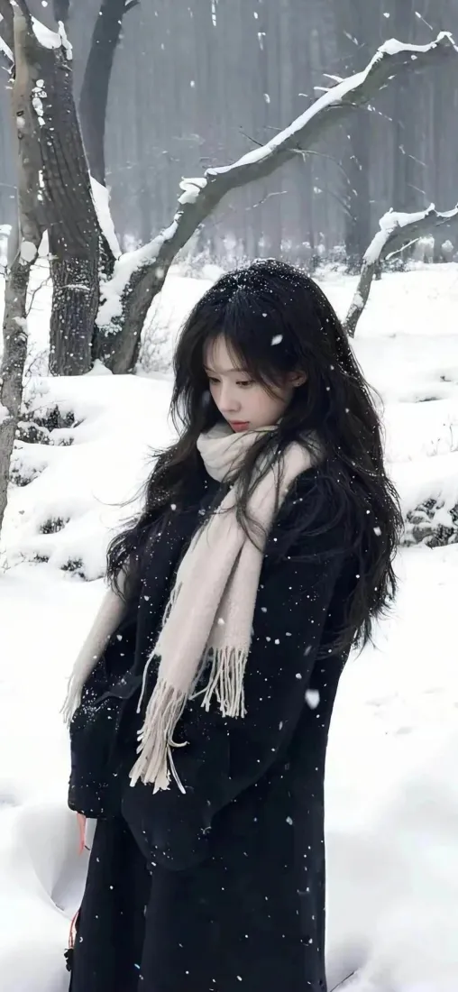 黑发美女手机壁纸｜冬日雪景背景图片 - 黑色大衣围巾「哲风壁纸」