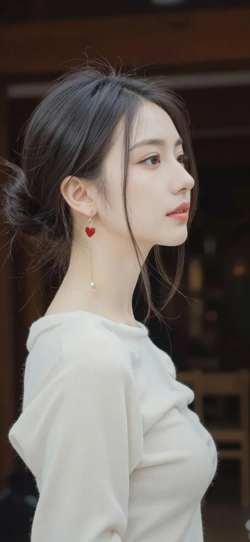 红衣耳饰美女手机壁纸｜室内背景图片 - 气质美女「哲风壁纸」