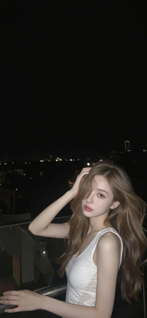 长发美女手机壁纸｜夜景背景图片 - 白色吊带裙「哲风壁纸」