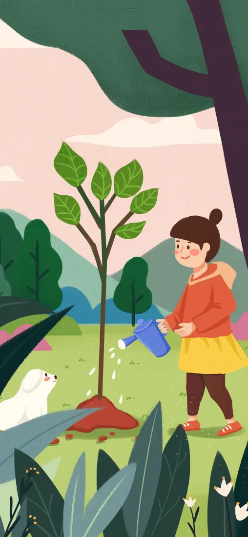 卡通女孩手机壁纸｜自然背景图片 - 浇树小树苗「哲风壁纸」