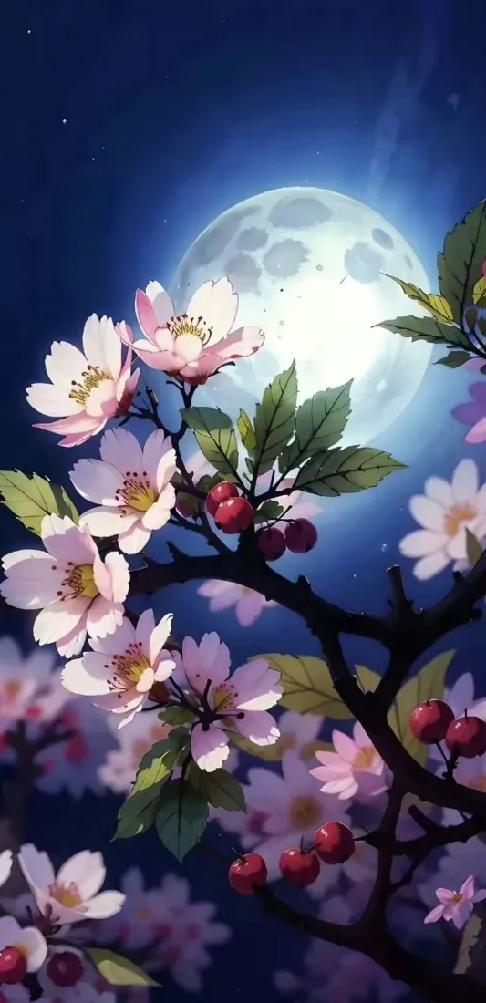 樱花满月手机壁纸｜月夜花枝背景图片 - 粉色花「哲风壁纸」