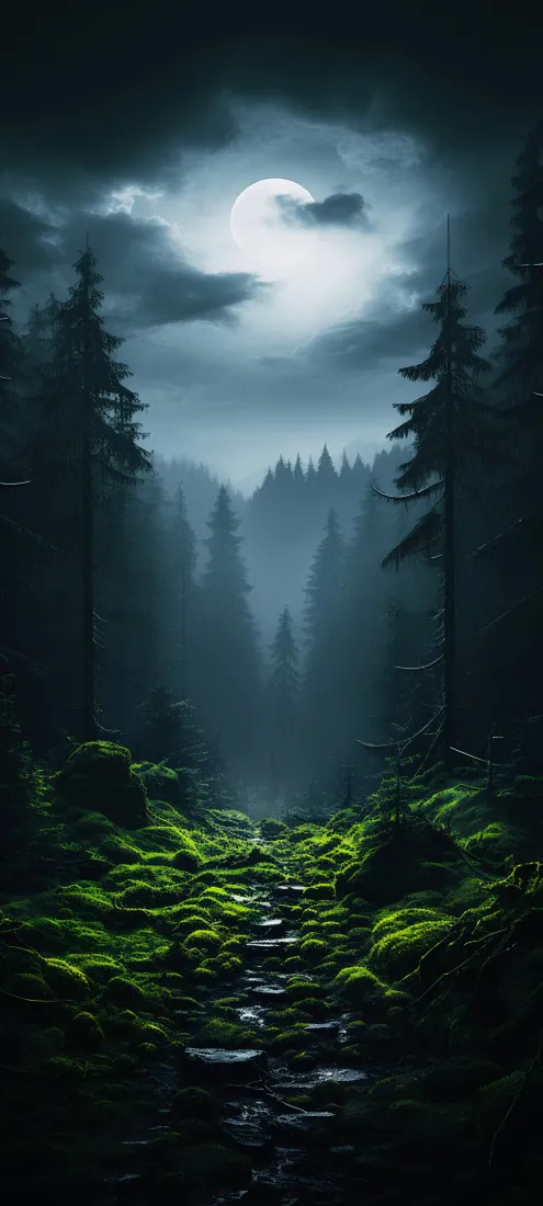 月夜森林手机壁纸｜自然风景背景图片 - 迷雾松树苔藓小径「哲风壁纸」