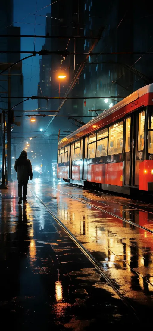红色电车手机壁纸｜雨夜街道背景图片 - 都市夜景「哲风壁纸」