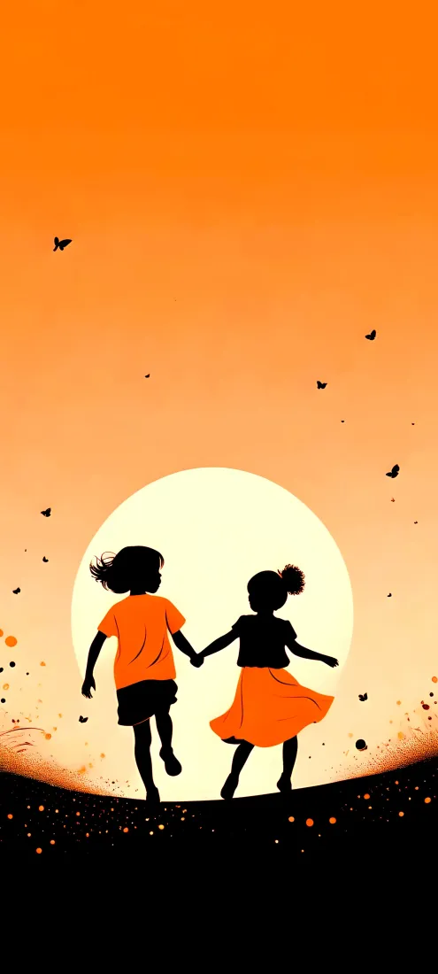 儿童剪影手机壁纸｜橙色背景 - 牵手奔跑童趣飞鸟「哲风壁纸」