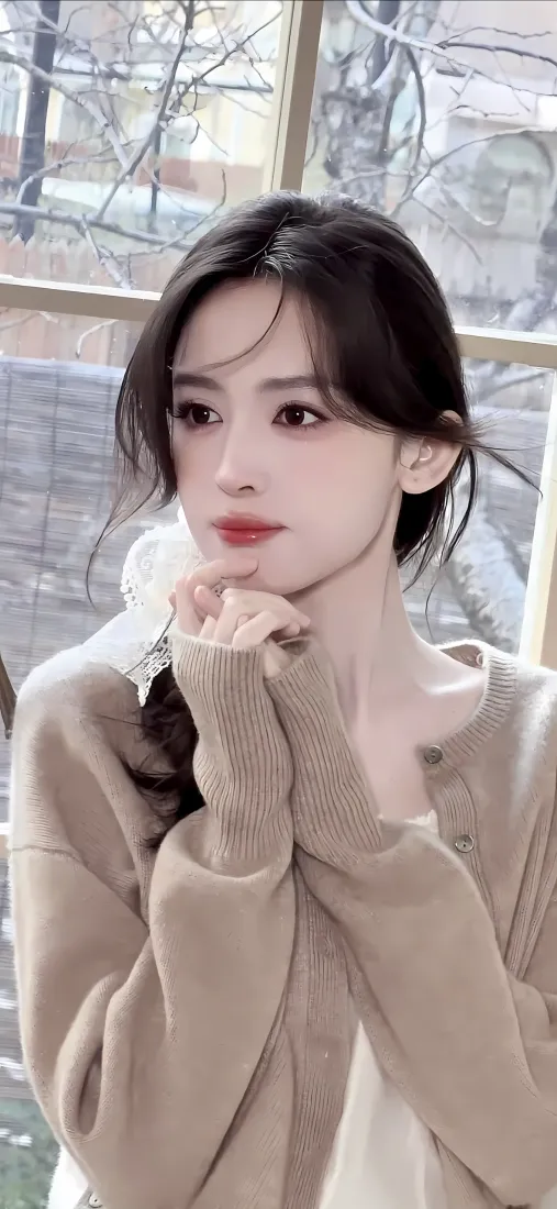 古力娜扎手机壁纸｜冬日背景图片 - 米色毛衣「哲风壁纸」