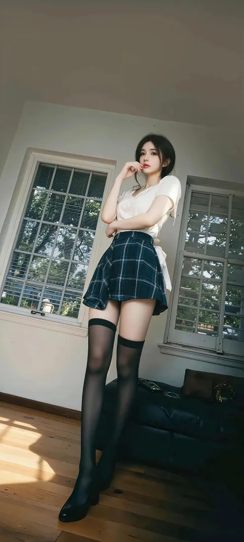 白衣美女手机壁纸｜室内背景图片 - 格子短裙黑丝袜「哲风壁纸」