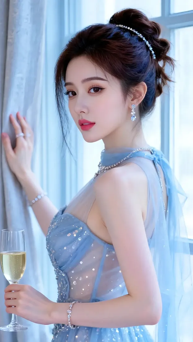 蓝色礼服美女手机壁纸｜室内背景图片 - 香槟杯「哲风壁纸」